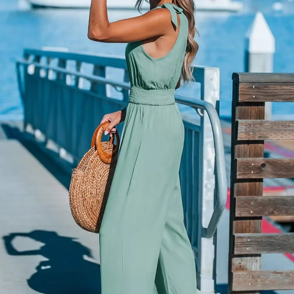CUPSHE GREEN SHOULDER TIE SMOCKED WAIST WIDE LEG JUMPSUIT SZ MED NWT